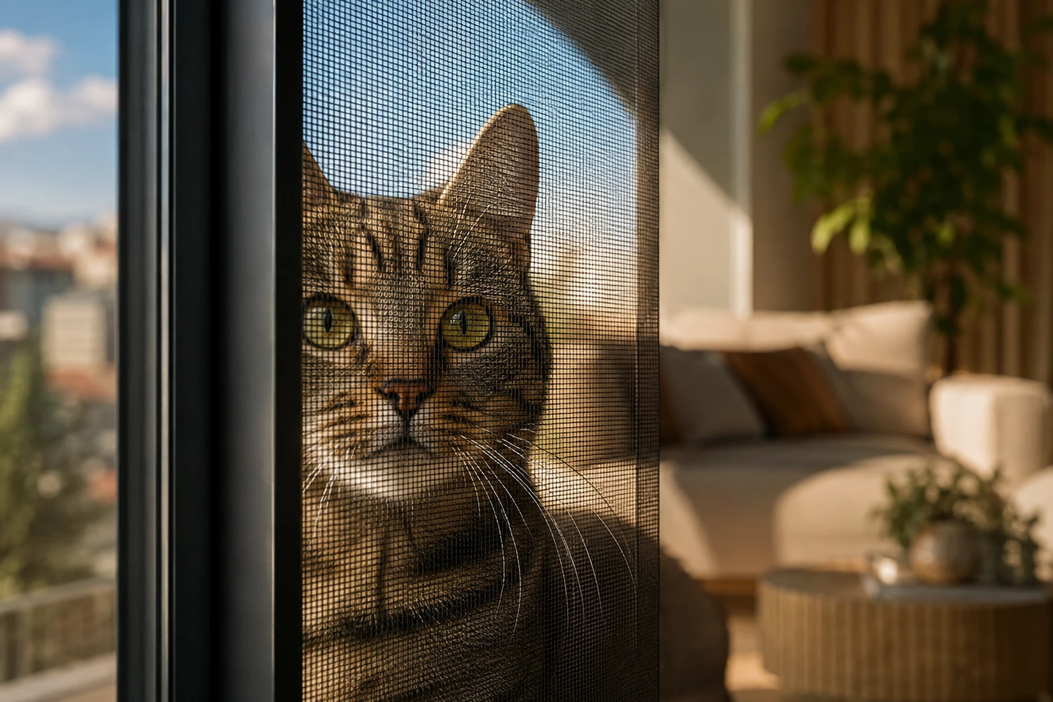 Pencere kenarında kedi koruma filesi